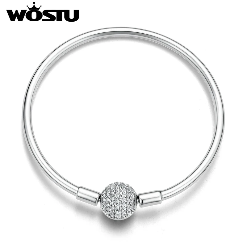WOSTU Platinum Plated Sparkling Zircon Ball Bangle Bracelet Fit DIY Charm Beads, Original Bangle Bracelet DIY Jewelry Wholesale