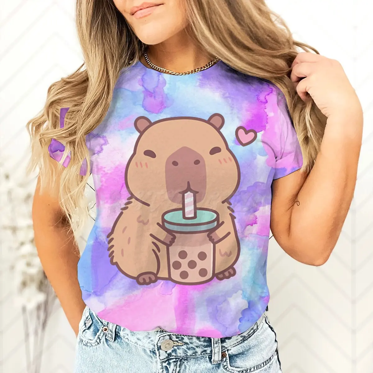 Women's Clothing Tie Dye Animal Graphic Lover Gift Shirt Tee Capybara Kawaii Cartoon T-shirts Crew Neck Casual Summer Drink Tops