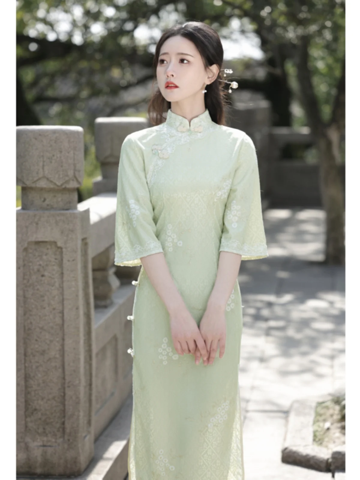 

Young Girl's Green Improved Spring Autumn New Style 2026 Traditional Chinese Style Republic of China Tea Costume