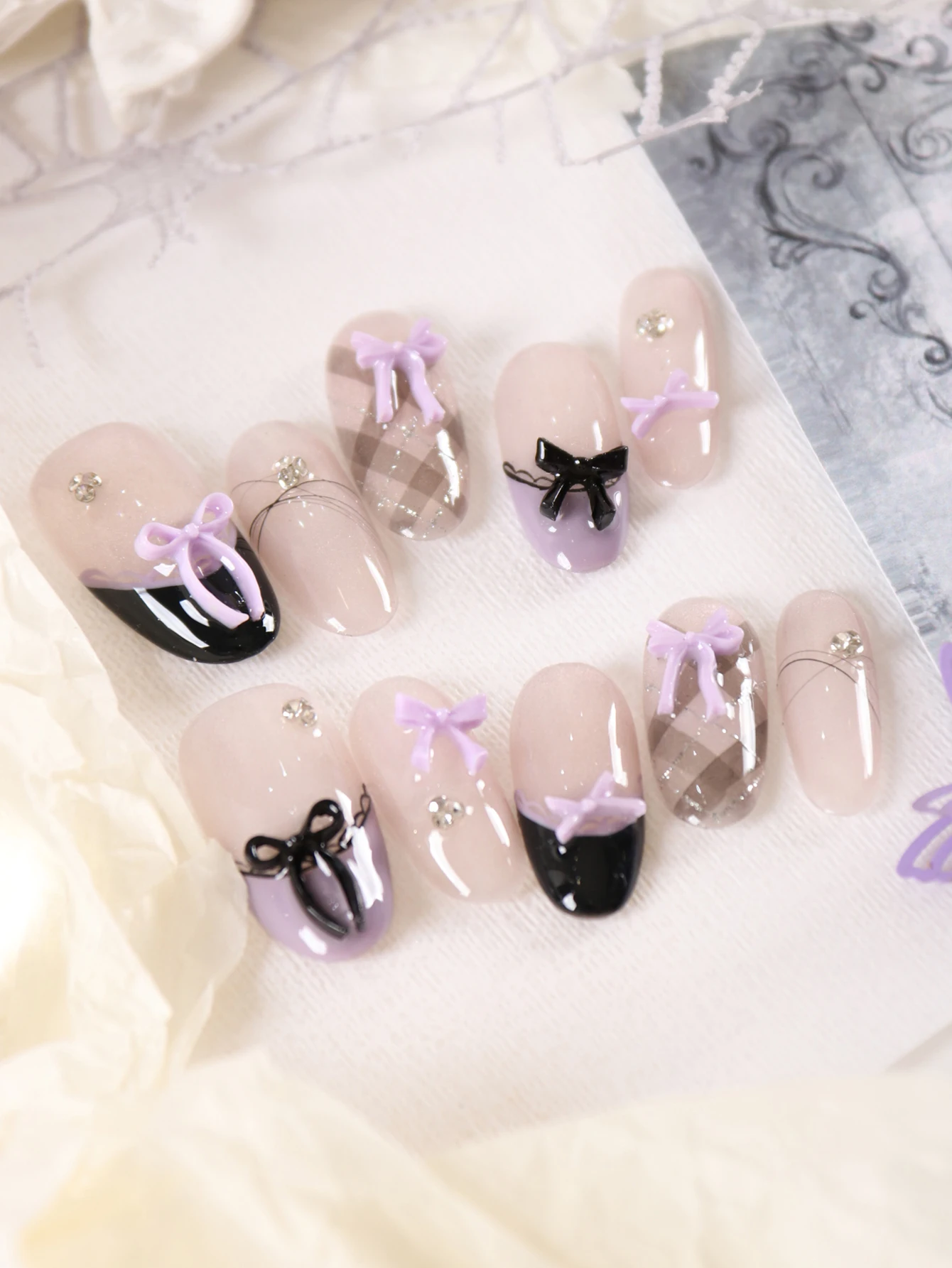 10Pcs Press on Nails Short French Style Purple Cat's Eye Black Bow Fake Nails Includes 1 Sheet of Adhesive Tabs & 1 Pc Mini File