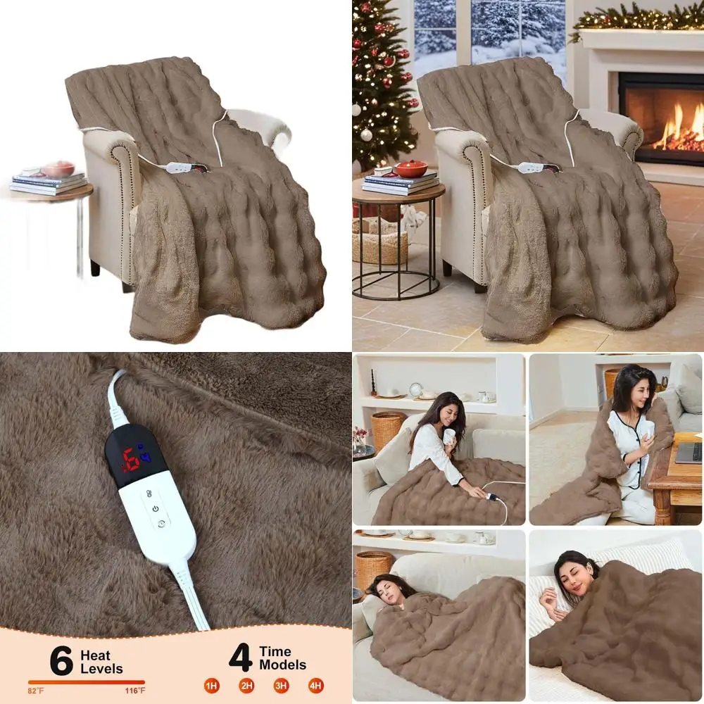 

6-Level Adjustable Heat, Auto-Off, 50x60 Faux Rabbit Fur Washable Electric Blanket with Overheat Protection, ETL Certified - Bro