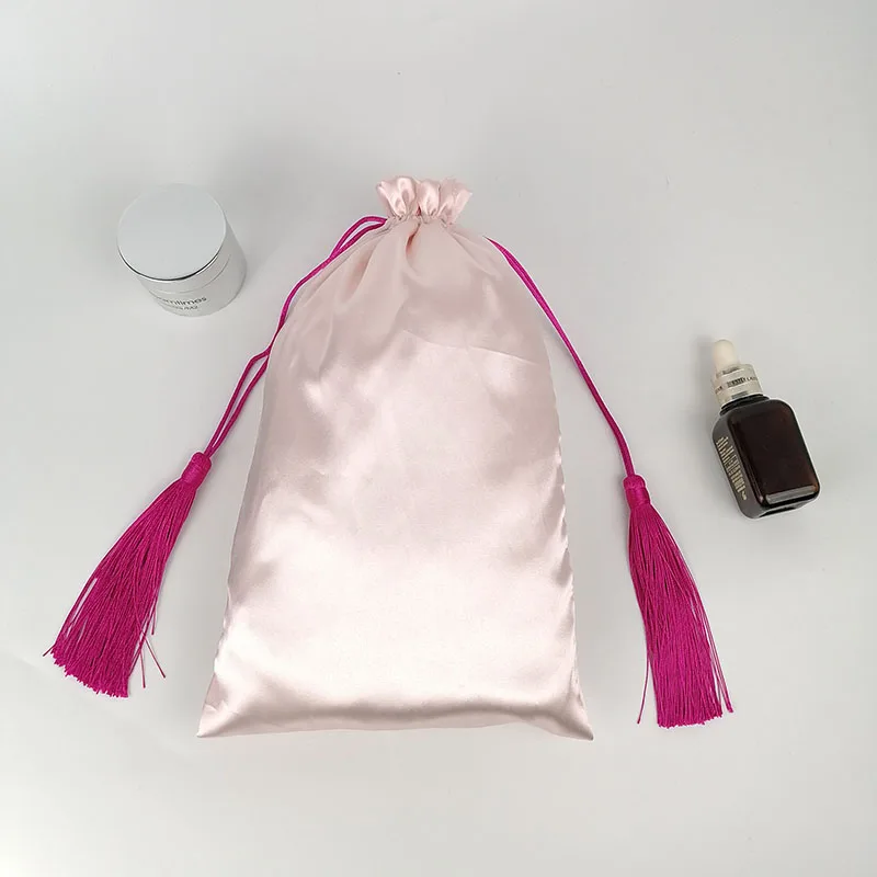 Silk Satin Drawstring Pouch with Tassel Jewelry Hair Wedding Gift Packaging Dust-proof Bag Print Logo Custom Storage Sachet