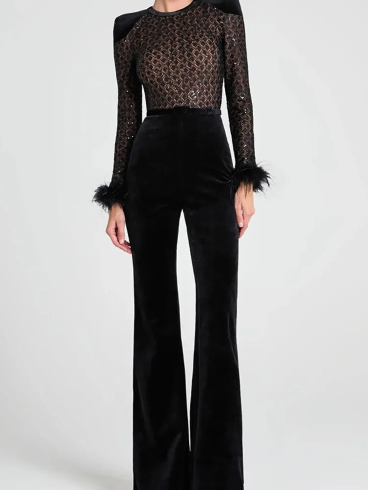 New Sequined Black Feathers Round Neck Gold Velvet Stitching Long-Sleeved Jumpsuit Casual Women\'s Sexy Long Sleeve Jumpsuit