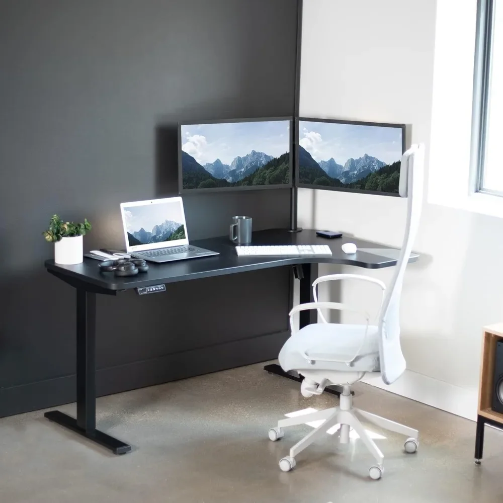 

Electric Height Adjustable L Shaped 58 x 35 inch Corner Standing Desk, Black Reversible Table Top, Black Frame