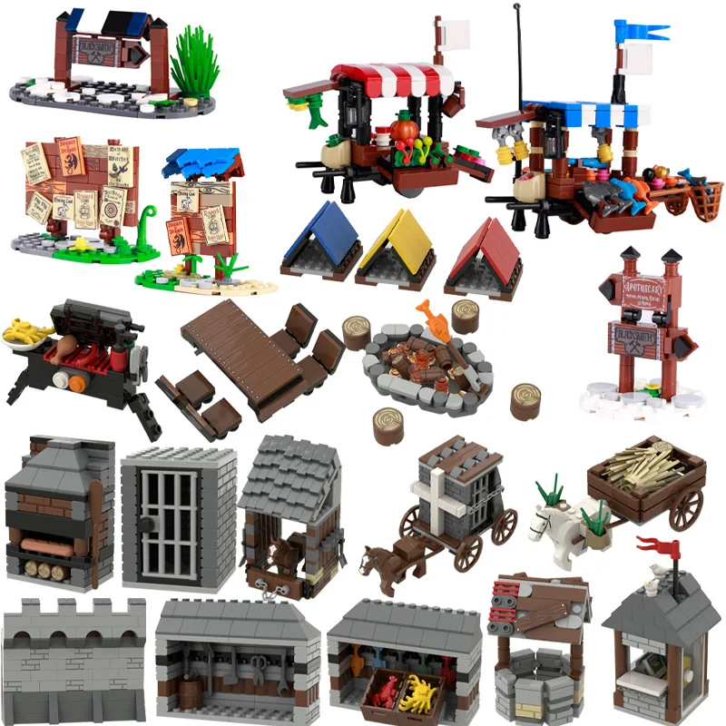 Medieval Castle Building Blocks Wall Carriage Bulletin Board Indicator Selling Stall Soldier Figures Mini Bricks Children Gifts