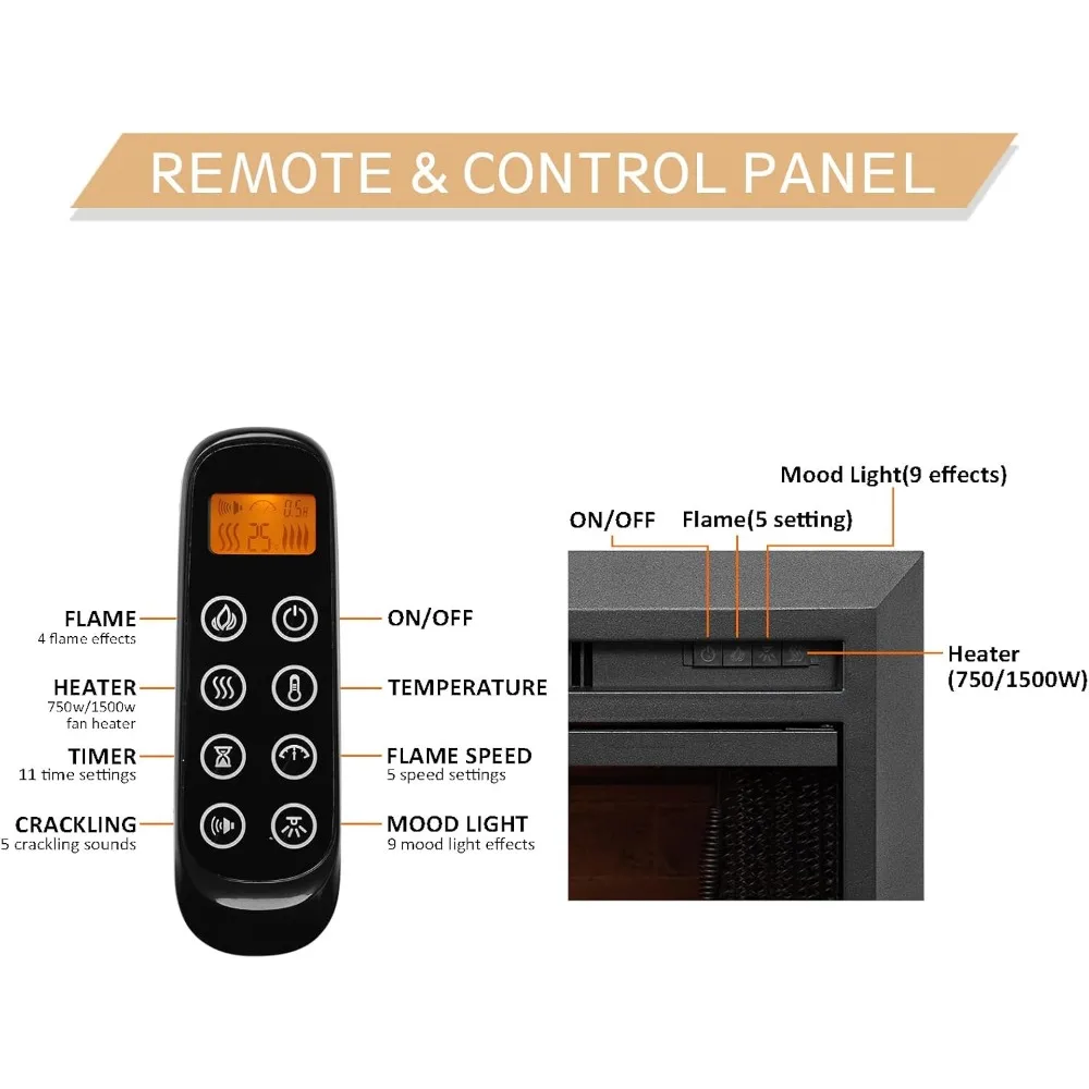 Elegant 35 Electric Fireplace Insert with Glass Door, Adjustable 750/1500W Heat, Realistic Flame Effect