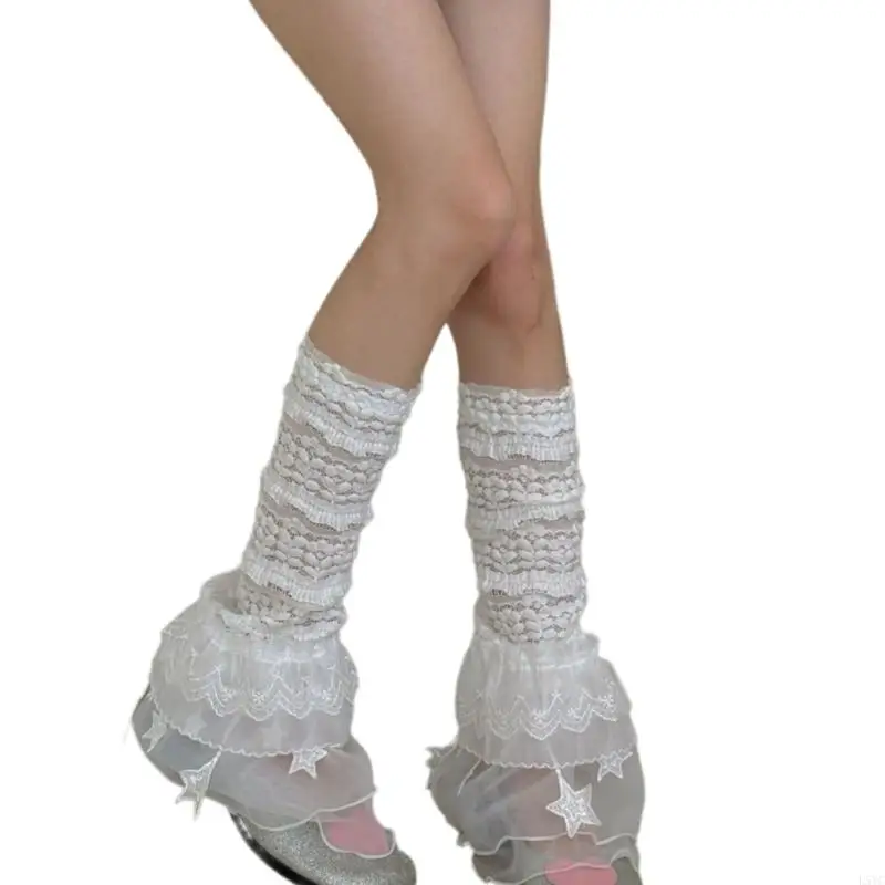 L5YC Mulheres Ruffle Lace Leg Warmer Doce Joelho Alto Meias Perna Mangas Princesa
