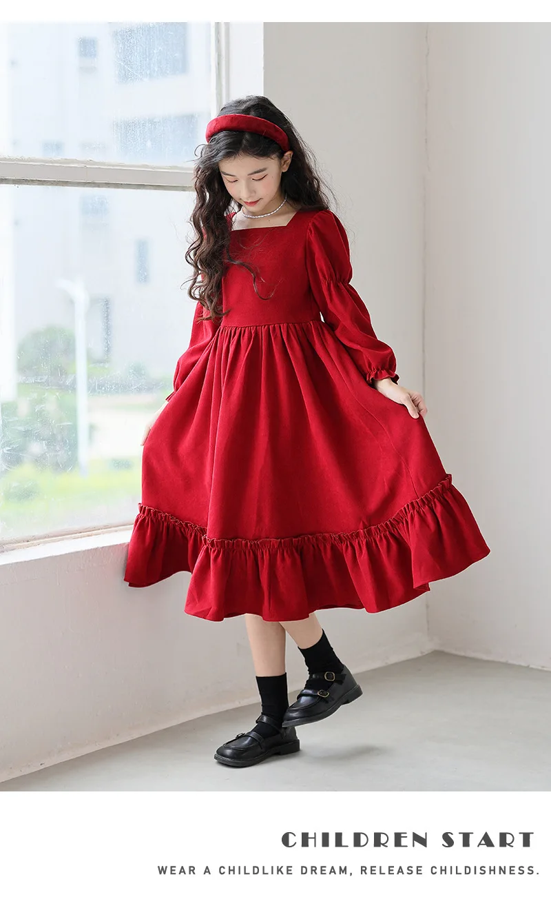 Kinder Mädchen Langarmkleider Herbst UNITIM 4-14 Jahre Kinder Mädchen Kleid mit quadratischem Kragen Rotes Kleid mit Rüschen Junior Mädchen Prinzessinnenkleider – Detail 8