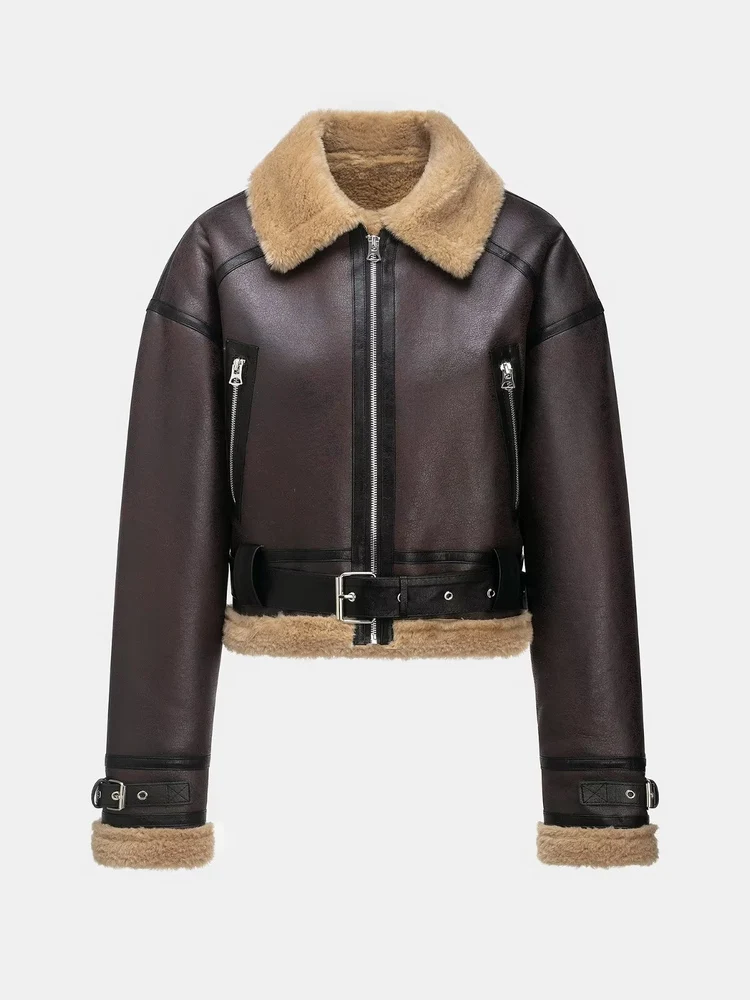 على الوجهين الجلود والفراء ort Jaet Thiened ملابس خارجية نسائية غير رسمية سستة إغلاق لون الخريف الشتاء جديد #1