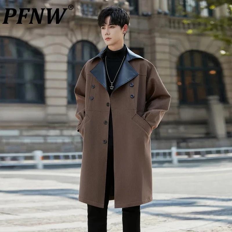 

PFNW Men's Woolen Trench Men's New Fashion Lapel Mid Length Leather Windbreaker 2024 Autumn Oversize Outdoor Tops Trend 28W5120