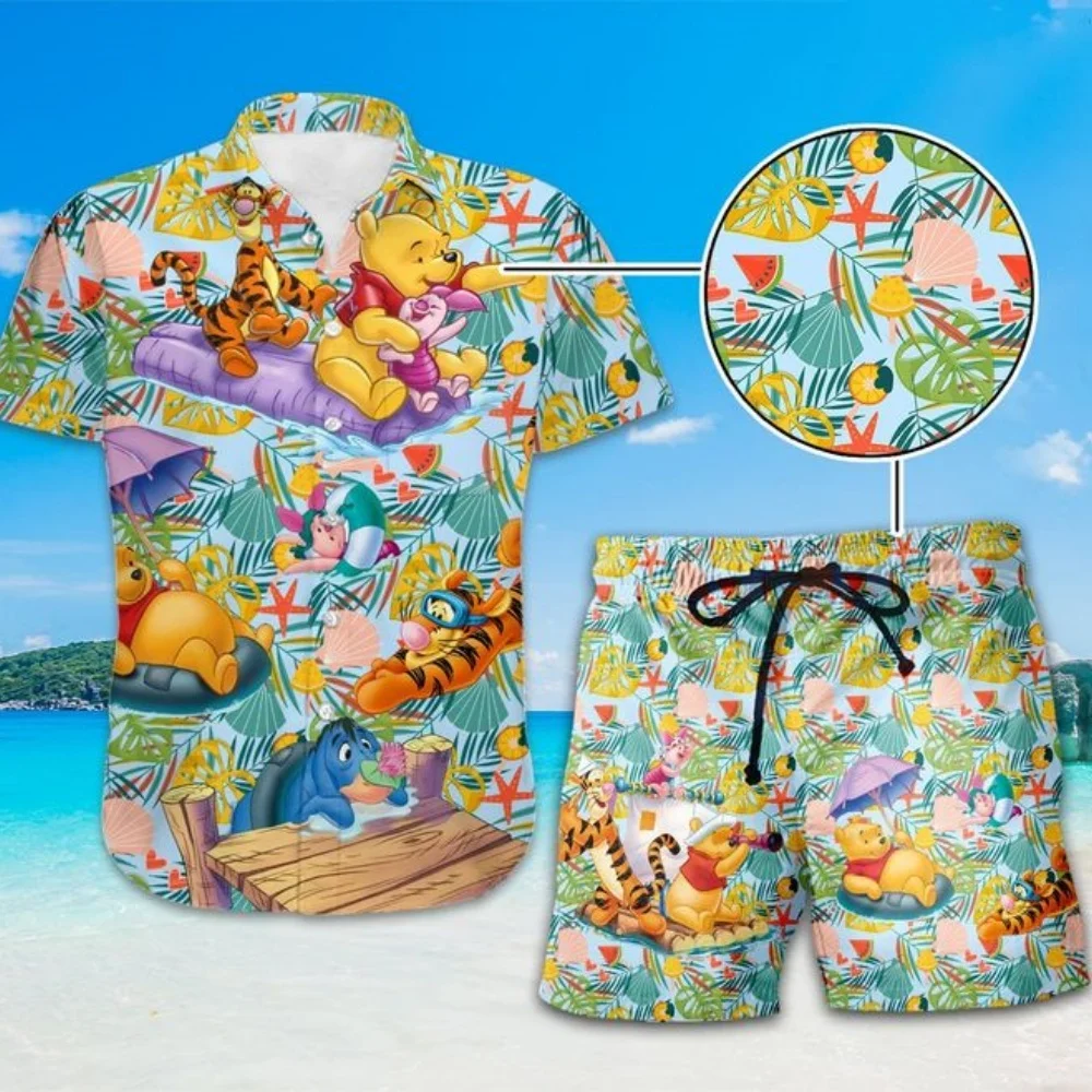 

2025 New Disney Hawaii 3d Printed Shirt New Men's and Women's Fashion Cute Winnie the Pooh Button Boys Suit Short Sleeve Shorts