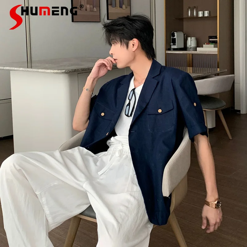 

Men's 2026 Summer Multi-pocket Shirt Jackets Men's Short-sleeve Handsome Tops Men's Single-breasted Handsome Solid Color Shirts