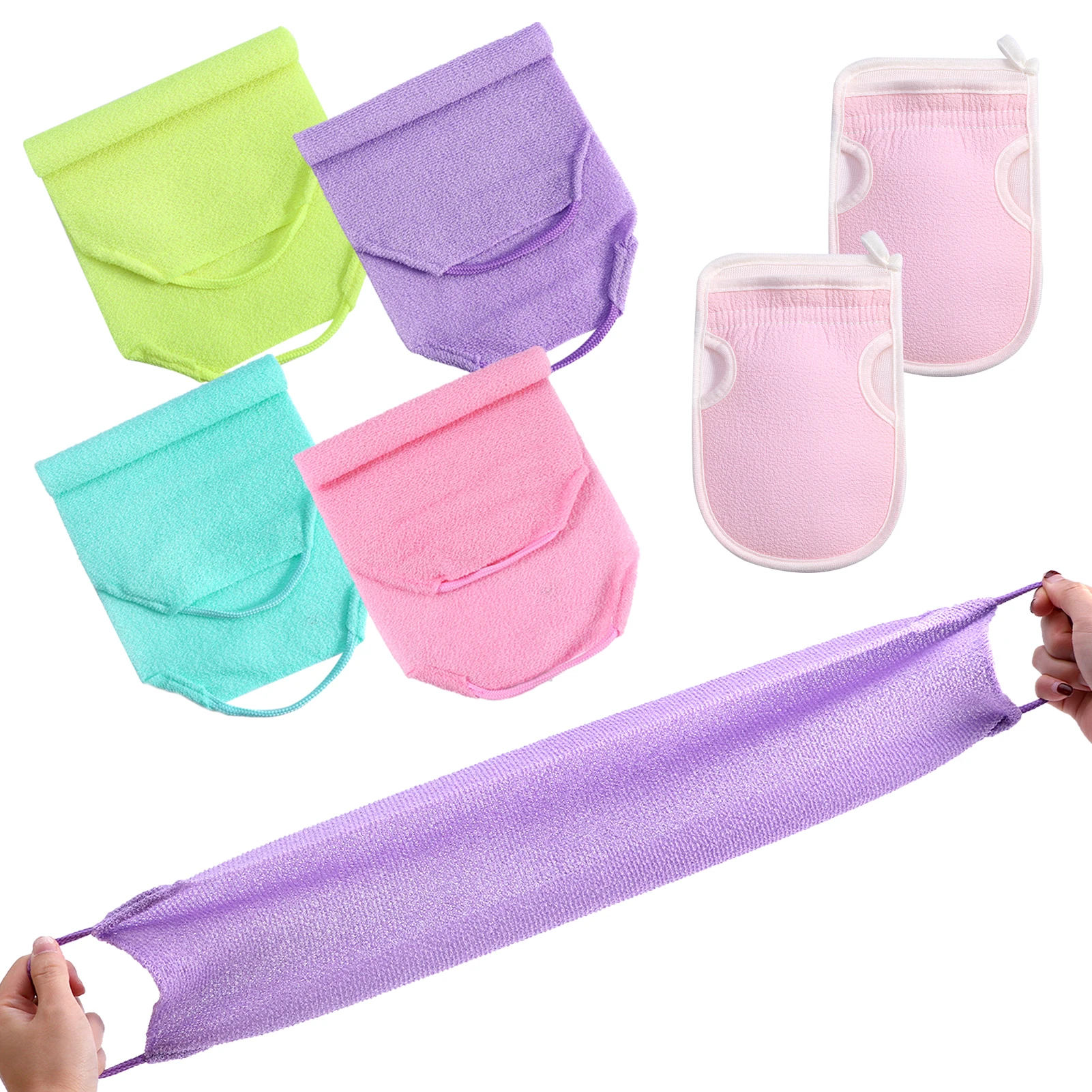 6pcs/set Extended Bath Gloves Skin Care For Shower Women Men With Handles Washcloth Massage Deep Clean Back Scrubber Long Nylon