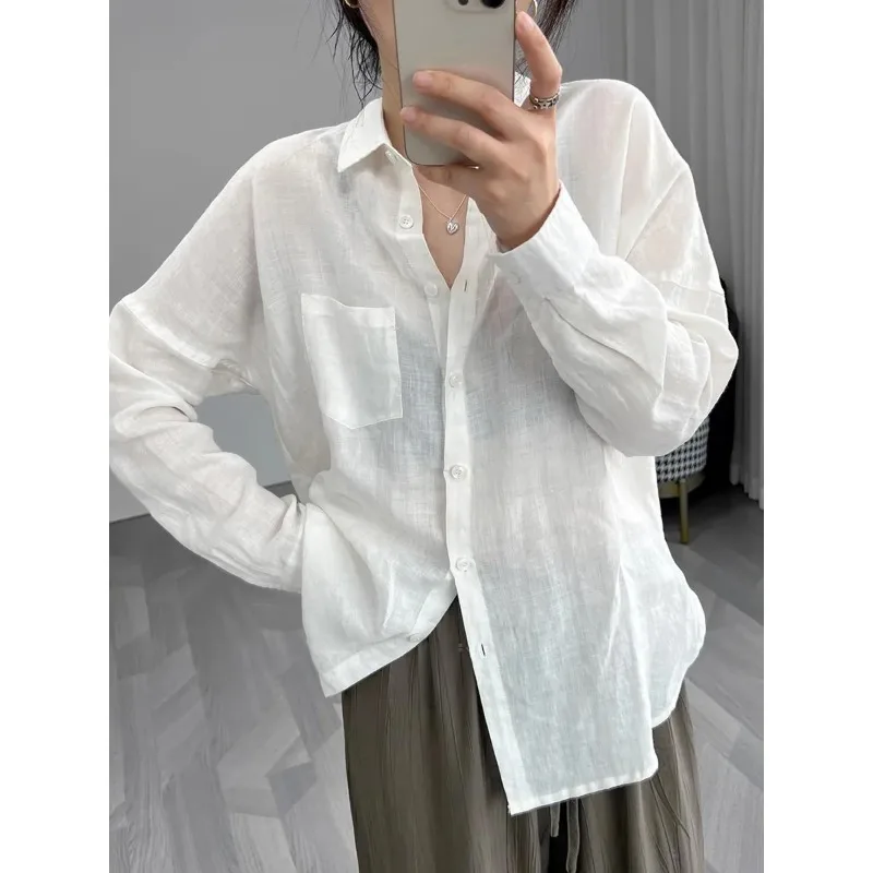 

Женская льняная блузка больших размеров с длинным рукавом, на пуговицах, с защитой от солнца, повседневный топ белого цвета