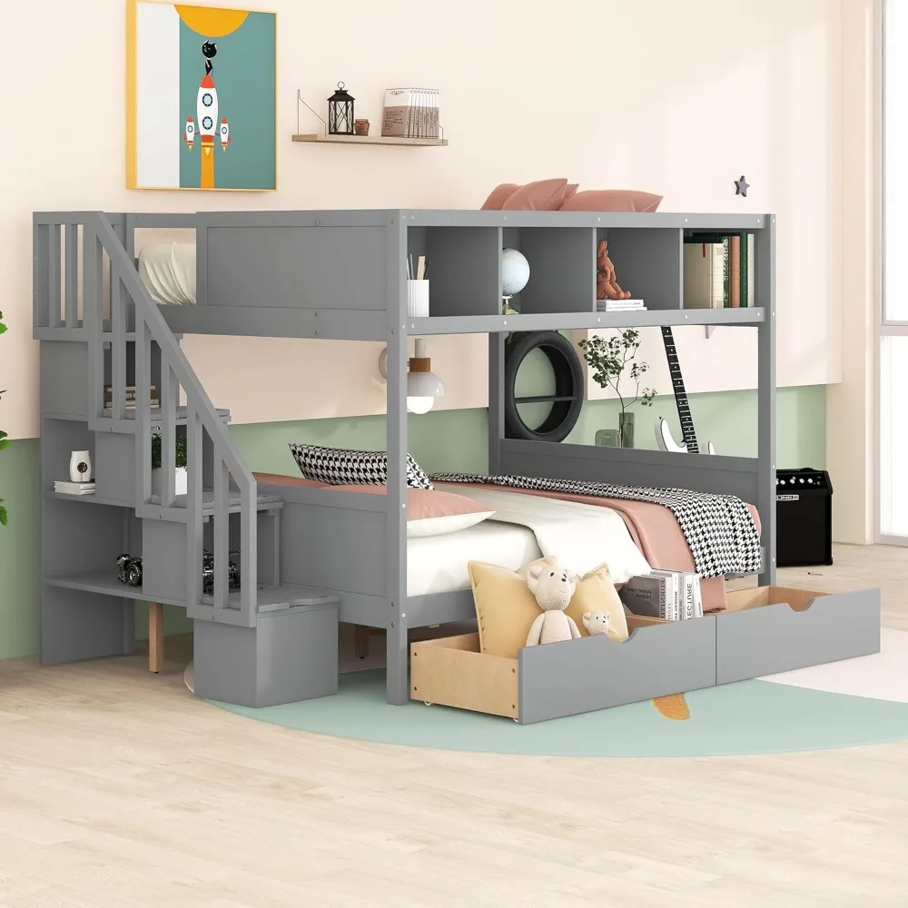 bed，Twin Over Full Bunk Bed with Shelfs,Storage Staircase and 2 Drawers, Wooden Bunk Bedframe with Open Bookshelves,