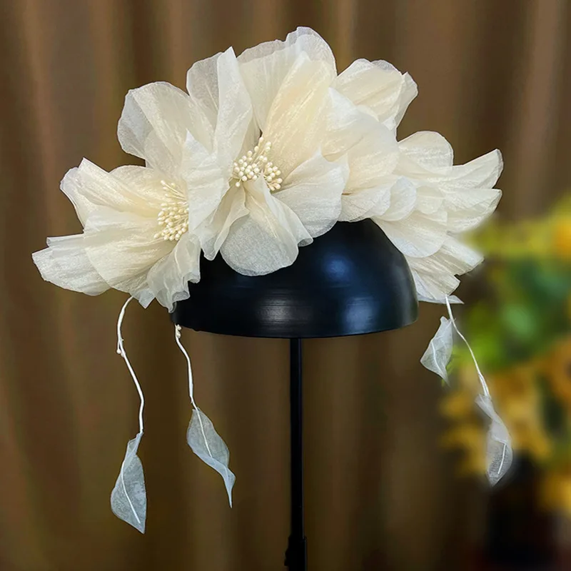 Flower Wreath Pearls Headband Leaves Hairbands Handmade Wedding Hair Accessories For Women Bride Crystal Head Jewelry image 2