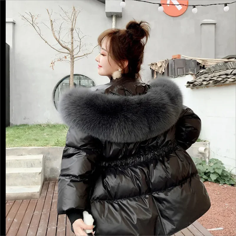 2024 Loose Big Fur Collar Hooded Jacket Women Thicken Cotton Padded Parkas Coat Autumn Winter Female Warm Clothes Outwear