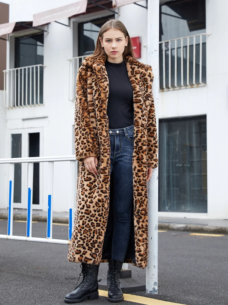 Abrigo largo de piel sintética con estampado de leopardo para mujer, chaqueta mullida de invierno, gabardina de piel de conejo de imitación, chaquetas de felpa