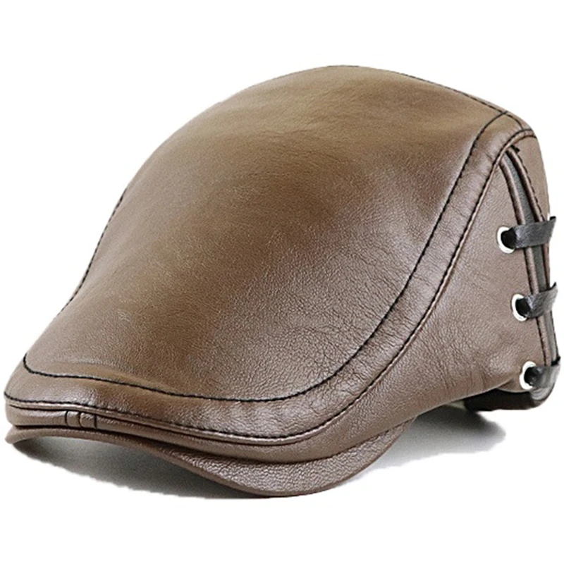 Fashion PU Leather Caps Windproof Man Beret Bandage Hat Spring Flat Cap Casquette Warm Side Strap Boina Masculina