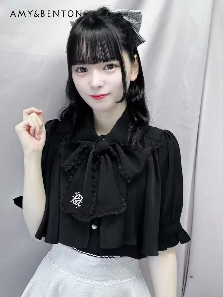 Japanese RJ Kawaii Bow Letter Embroidery Fake Two-piece Bubble Sleeve Shirt Versatile Mass Production Lolita Short Sleeve Shirts