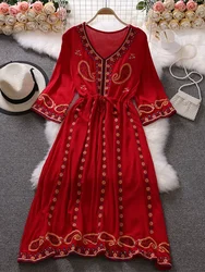 Spring Summer Women Dress Seaside Vacation Beach Bohemian Loose Ethnic Style Temperament Embroidered V-Neck Dress GD795