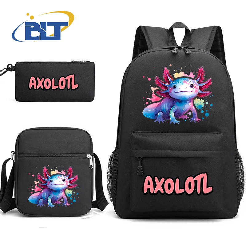 Axolotl-Conjunto de mochila con estampado de dibujos animados para estudiantes, mochila negra, bolso de hombro, estuche para lápices, Juego de 3