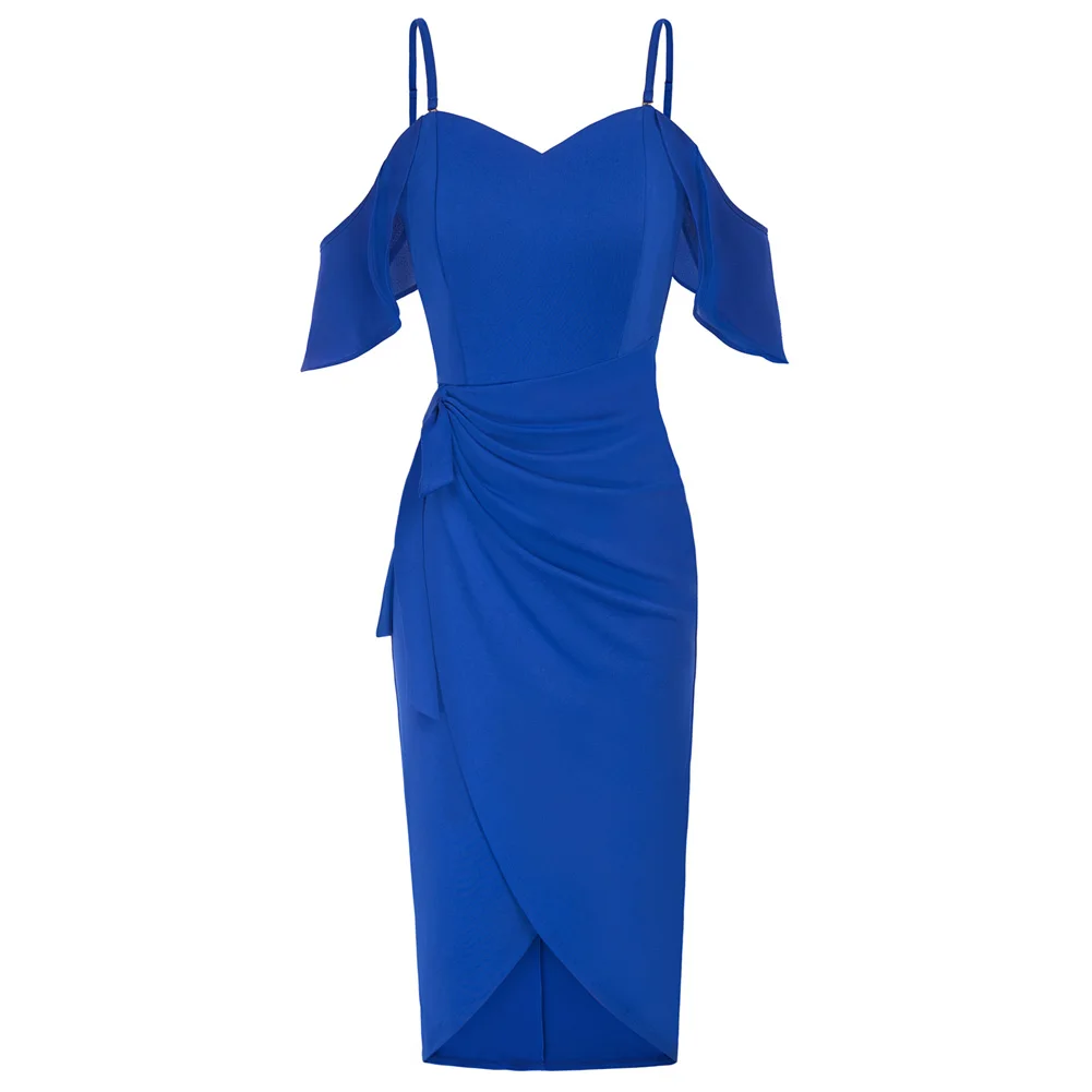 

Jasambac Women Cold Shoulder Cocktail Dress Wrap Hem Spaghetti Straps Midi Dress Sweethear Neck Elegant Wedding Party Dresses A3