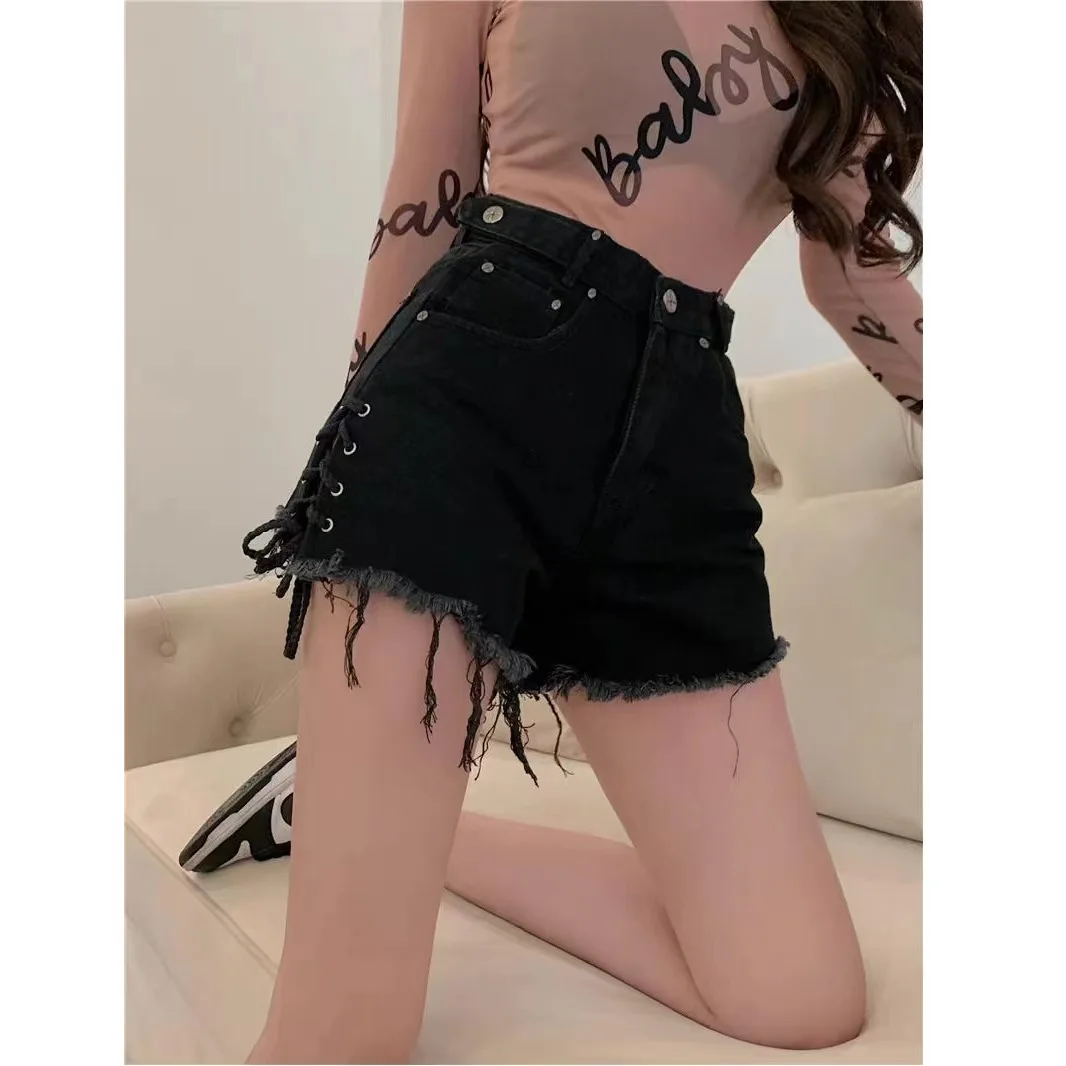 

2022 Summer Sexy Drawstring Black Denim Shorts Dark Style