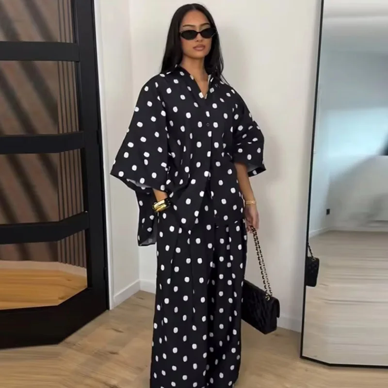 2026 Autumn Fashion Polka Dot Shirt Pants Set Elegant Lapel Three Quarter Top Wide Leg Trousers Vacation Lady Outfit Suit view 4