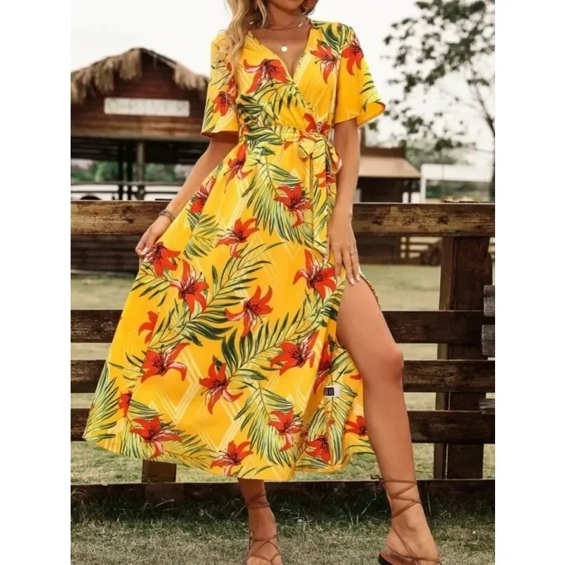

Women's Summer Dress Elegant and Fashion V-neck Short Sleeved Printed Belt Slit Comfortable Casual Beach Vacation Style Dress