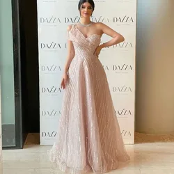 Sleeveless Prom Dresses V-neck Pink Luxury Beaded Evening Dress Saudi Arabia For Special Events One Shoulder Wedding Party Dress