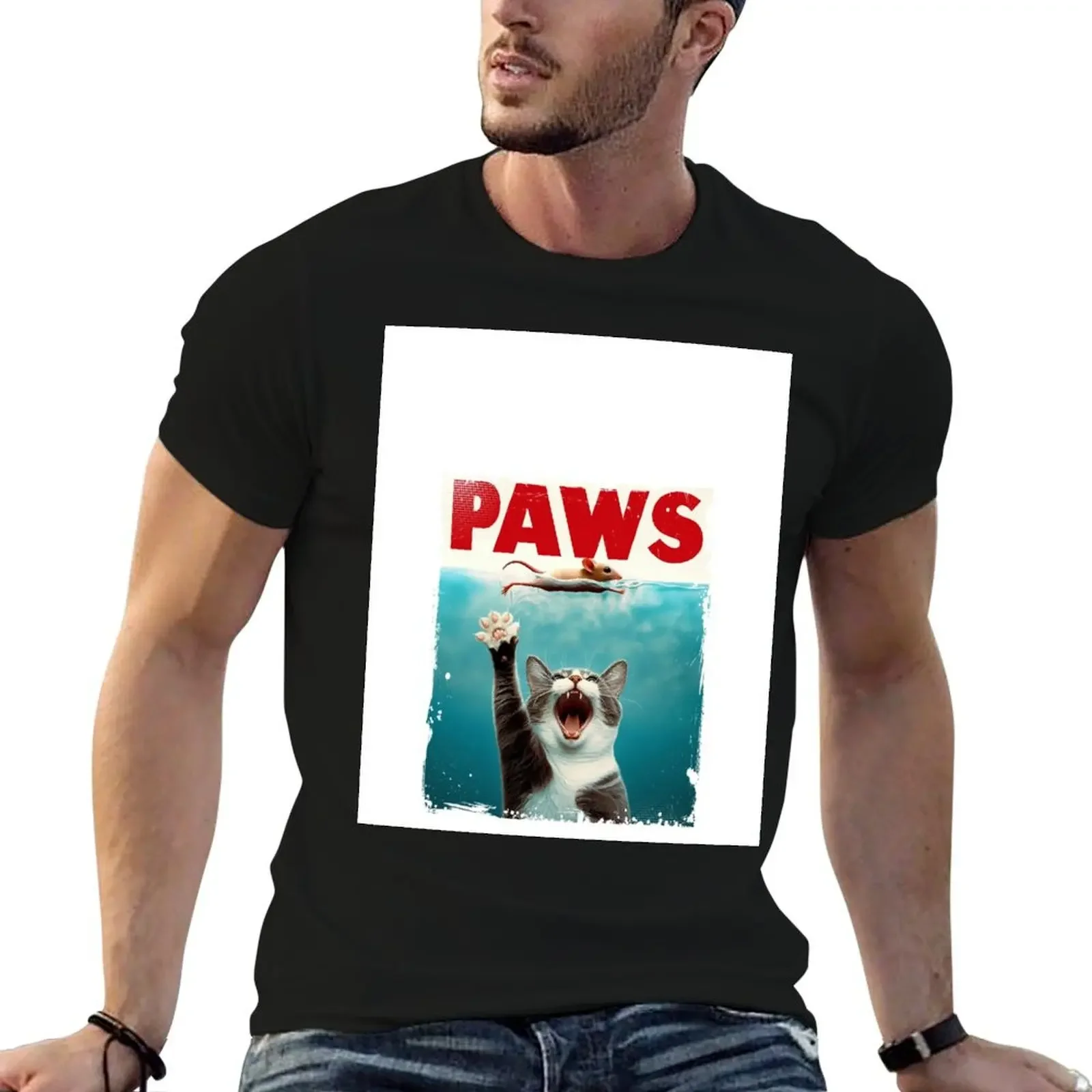 

Paws, Jaws parody Cat and Mouse T-Shirt street wear customizeds graphic tee shirt mens t shirts pack