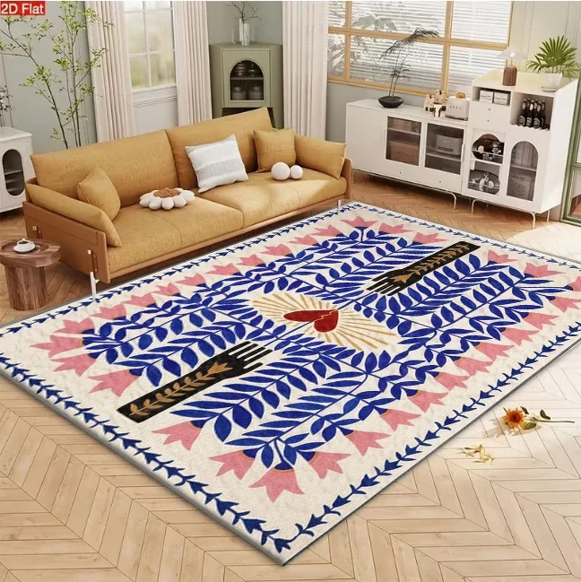 Bohemian Style Floral and Heart Pattern Carpet Flooring for Living Room Bedroom Non Slip Washable Soft Floor Mat