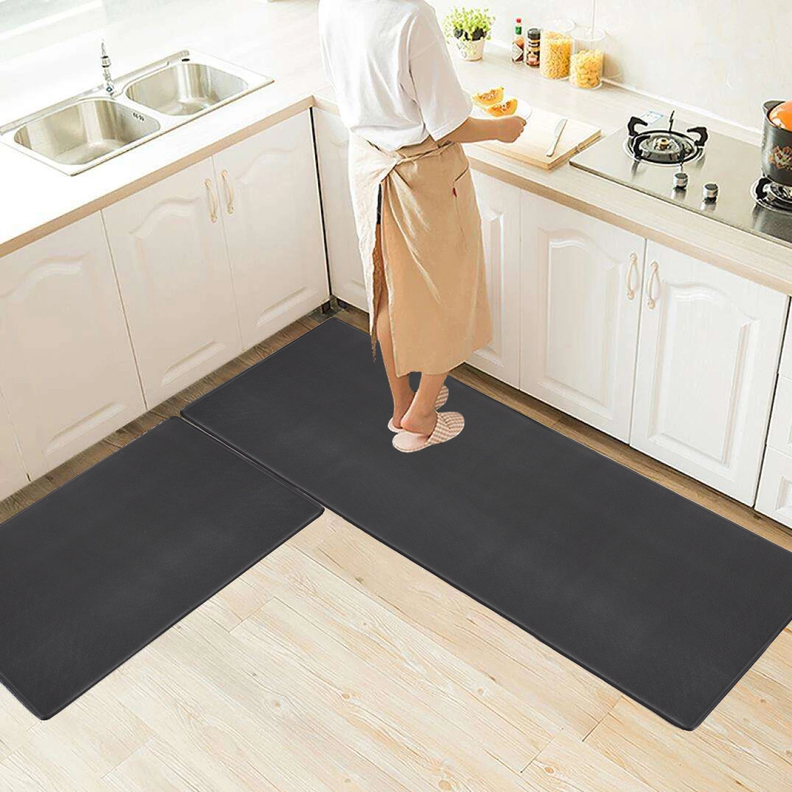 2Pcs Kitchen Mats PVC Anti-slip Rug Waterproof and Oilproof Small Carpet Black Door Mat for Bathroom Kitchen Home Decoration