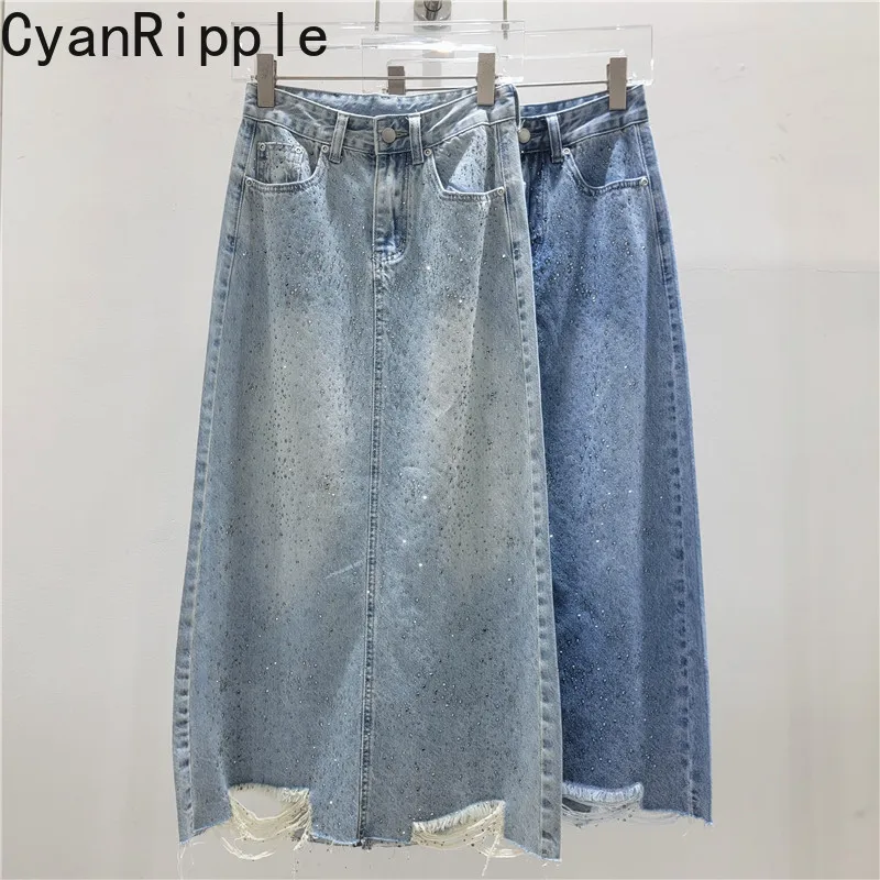 Starry Sky Hot Diamond Female Denim Skirt 2026 New Spring Autumn All-match High Waist Ultra Long Hole Tassel A-line Casual Skirt