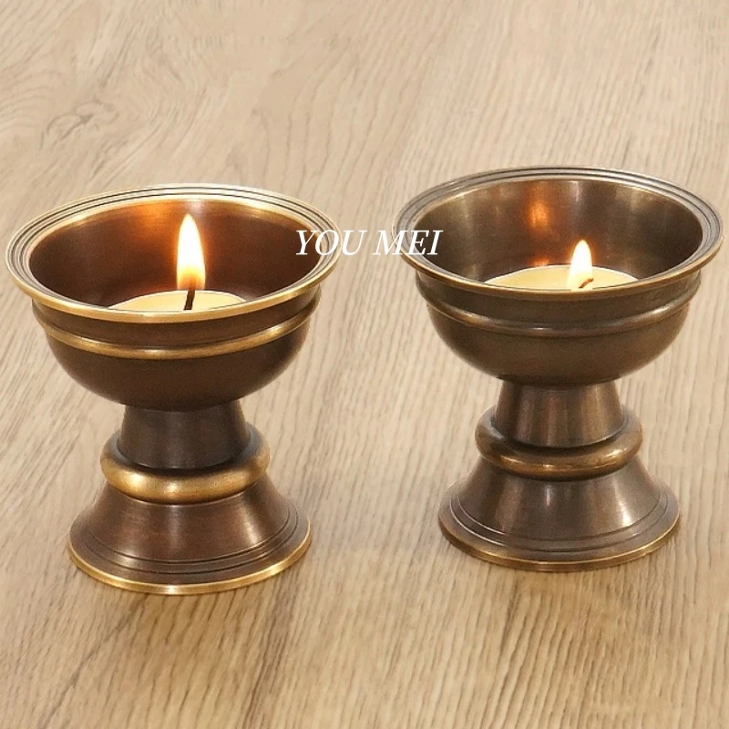 Suporte para Lâmpada a Óleo Estilo Tibetano, Castiçal de Altar Budista em Latão Espesso Auspicioso, Copo para Vela Sagrada de Ghee, Artigo Budista