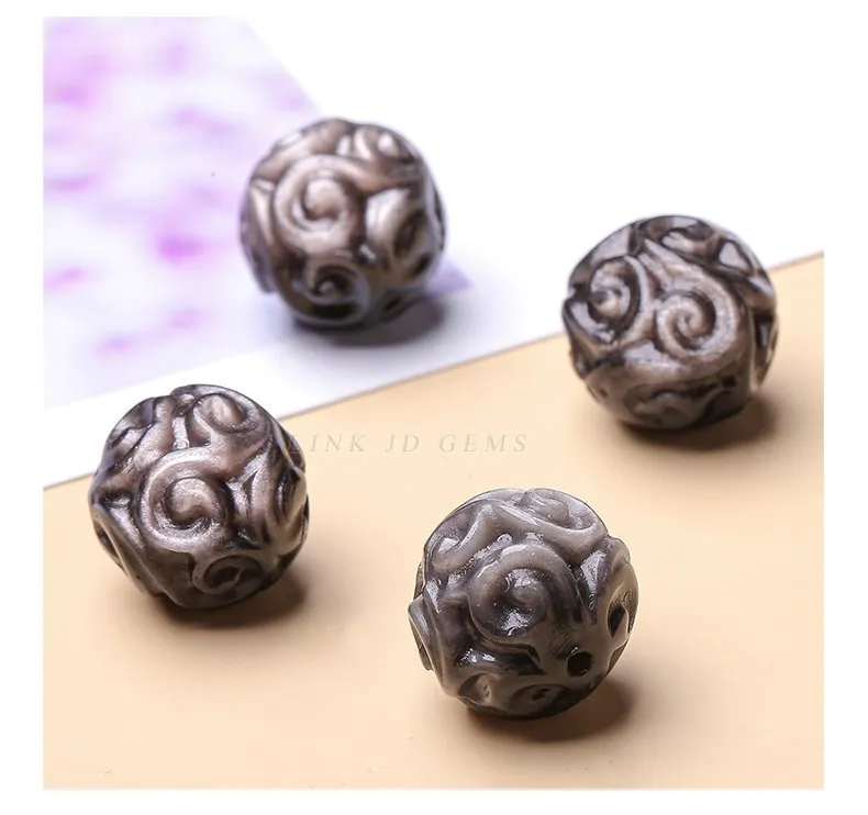 1 pc natürliche Silber Obsidian Blume gemustert Perle fit Anhänger Charms für Schmuck machen DIY Armband Halskette Zubehör – Detail 6