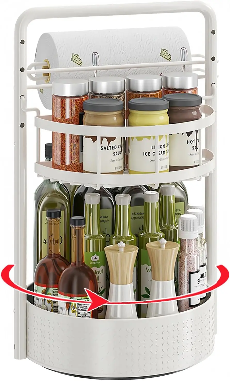 

Rotating Spice Rack with Paper Towel Holder, 2 Tier Turntable Lazy Susan, Seasoning Organizer for Kitchen Countertop Ca