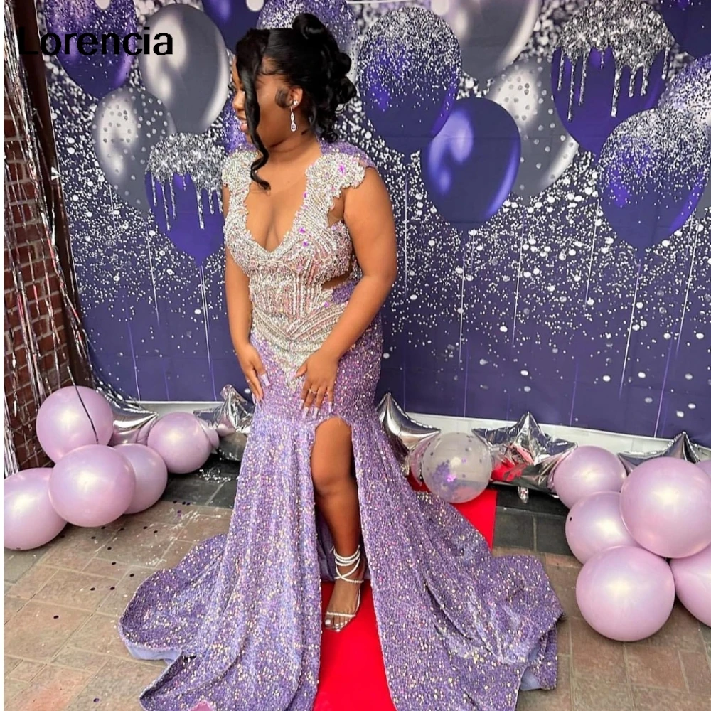 Lorencia Glitter Purple Sequins Prom Dress For Black Girls 2024 High Slit Silver Crystal Beaded Party Gown Robe De Soiree YPD133