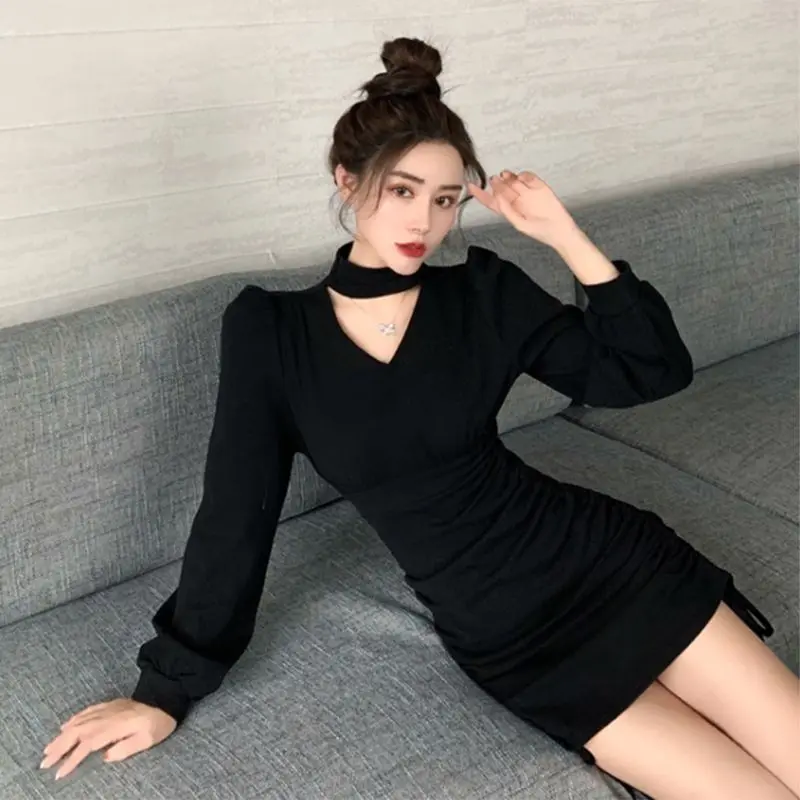 Autumn Winter Black Womens Sexy Vestidos Korean Fashion Long Sleeve Dress Slim Mini Dresses for Women Hip-hugging Skirt Hotsweet