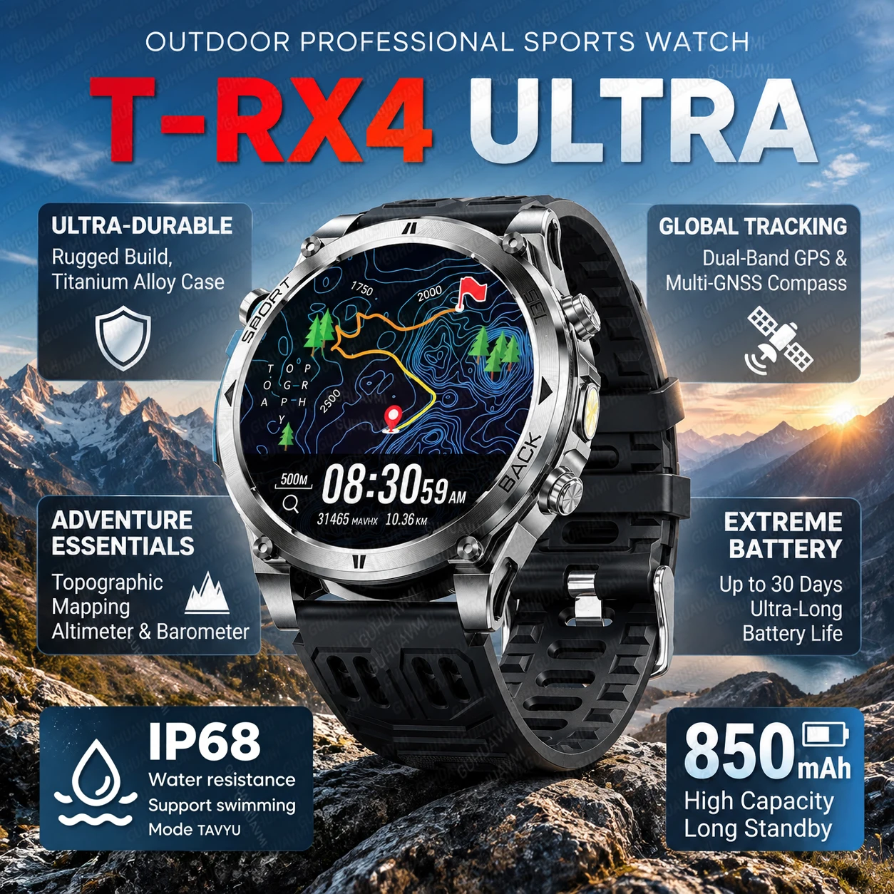 New T-RX4 Ultra Outdoor Military GPS Smart Watch Built in GPS Compass Flashlight IP68 Waterproof Call Sports Smartwatch For Men