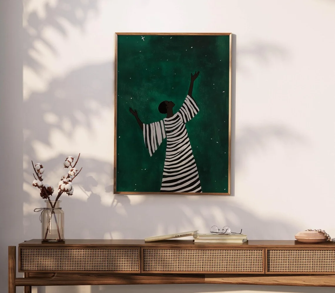 Celestial Empowerment Wall Art - Serene Print Celebrating Black Joy and Aspiration. The Deep Green Starry Backdrop and Striking