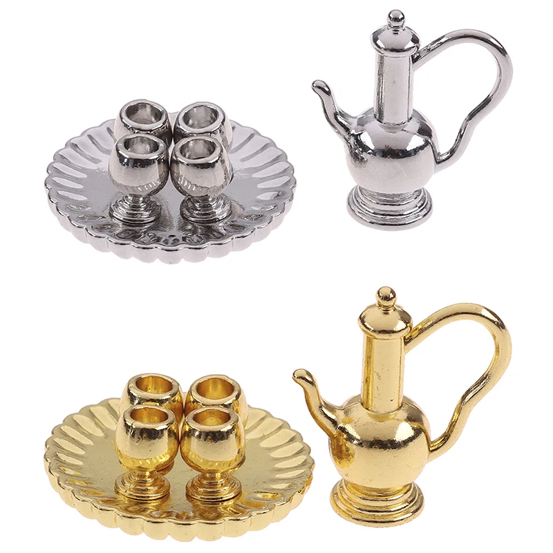 1Set 1: 12 Dollhouse Miniature Furniture Accessories Dining Ware Metal Tea Cup Plate Model Set For Doll House Decor Pretend Toy