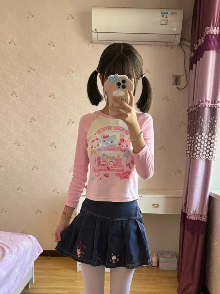 اليابانية Kawaii سوي تي شيرت كم طويل نمط لطيف عادية Y2K ثقافة فرعية Harajuku المرأة عادية س الرقبة اليابانية الربيع القمم #3