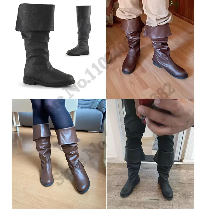 Medieval Retro Men Knight Cosplay PU Leather Short Ankle Boots Carnival Party Women Gothic High Tube Lace Up Shoes