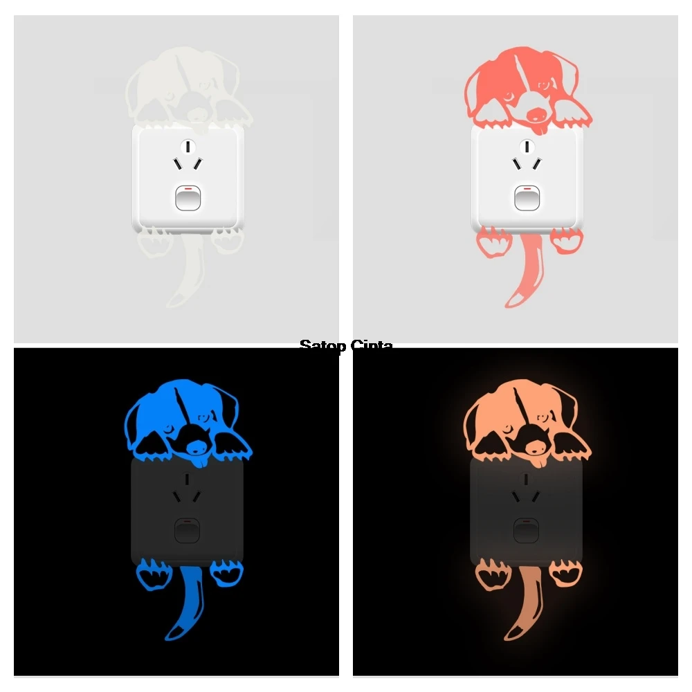 

1Pcs Glow in The Dark Dog Light Switch Sticker Cute Tongue Out Puppy Blue Green Pink Wall Decal Luminous Decals For Kids Bedroom