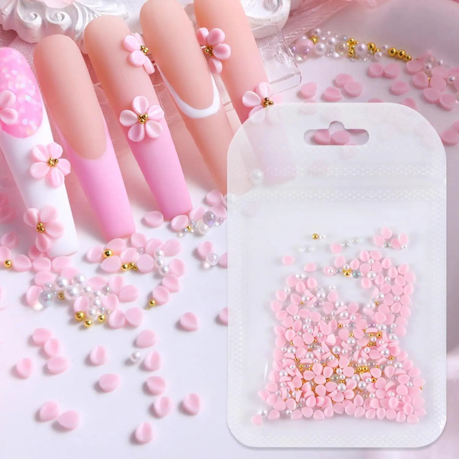 

150pcs 3D Pink Carving Petals Flower Nail Charms Resin Petals Pearl Gold Caviar Beads Nails Accessories DIY No Drawing Required#