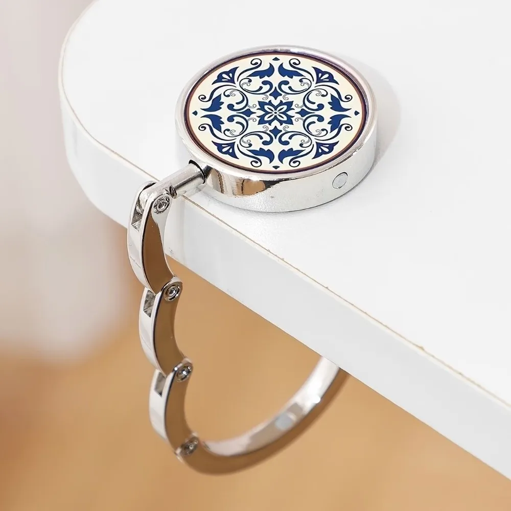 Folding Desktop Stand Hook Circular Zinc Alloy Table Edge Hook Hanging Blue and White Porcelain Design Tote Holder