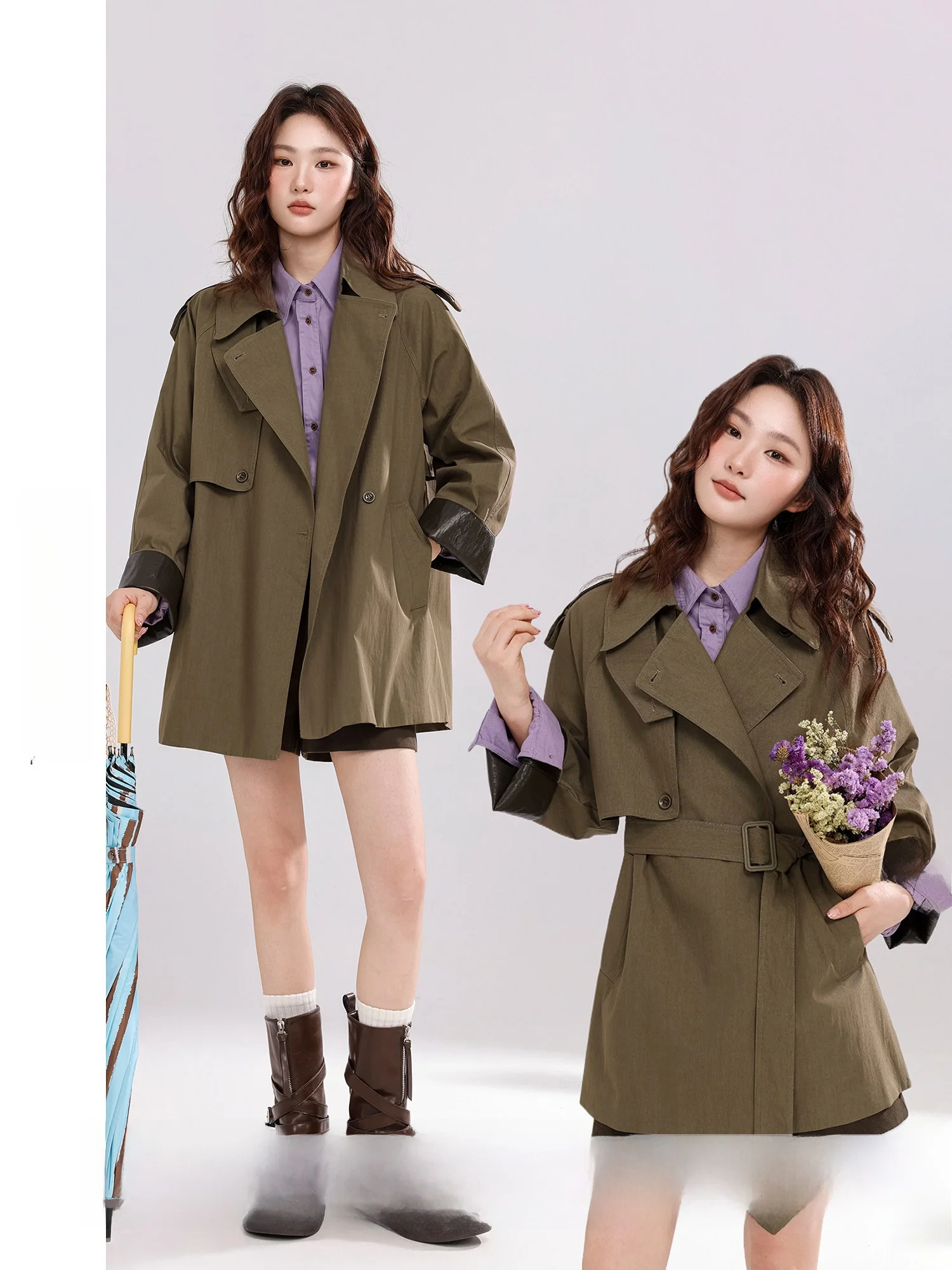 

Autumn Coffee op Sle Women's Loose Fit Coat Lapel Windbreaker Ele Faionable Korean Version Cotton Nylon Blend