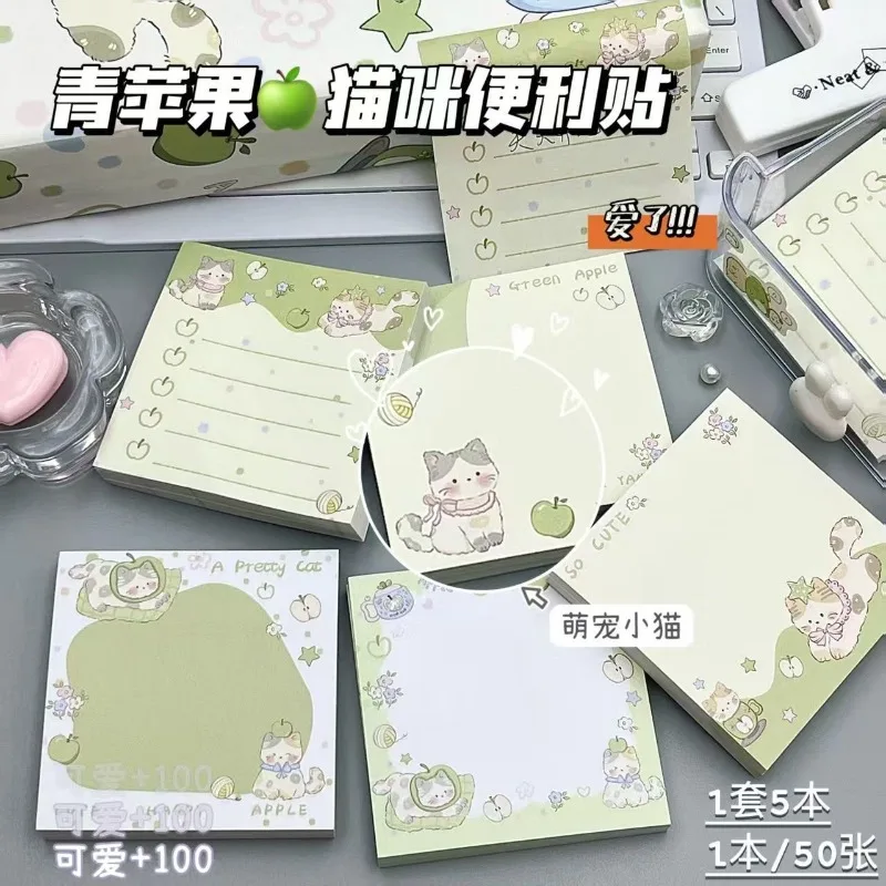 Green Apple Kitten  Notes Cute Ins Wind Sticky Super Thick Student Hand Account Special Daily Portable Kawaii Journaling